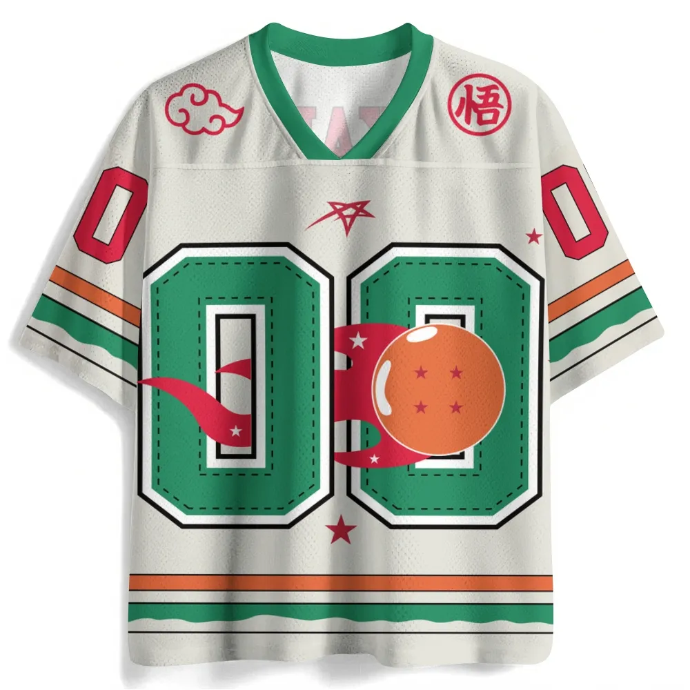 Dragon Ball Kakarot Four Star Football Jersey, Son Goku Number 00 Anime V-Neck Jersey Shirt, Cream Green Orange Mesh Retro Tee for Saiyan Fans