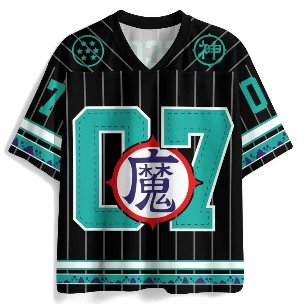 Dragon Ball Piccolo Football Jersey, Black Pinstripe and Teal Anime V-Neck Jersey Shirt with Number 07, Demon Kanji Ma Emblem Fan Tee