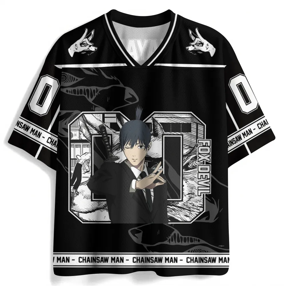 Chainsaw Man Aki Hayakawa Football Jersey, Fox Devil Anime V-Neck Jersey Shirt, Black and White Number 00 Manga Panel Sports Tee