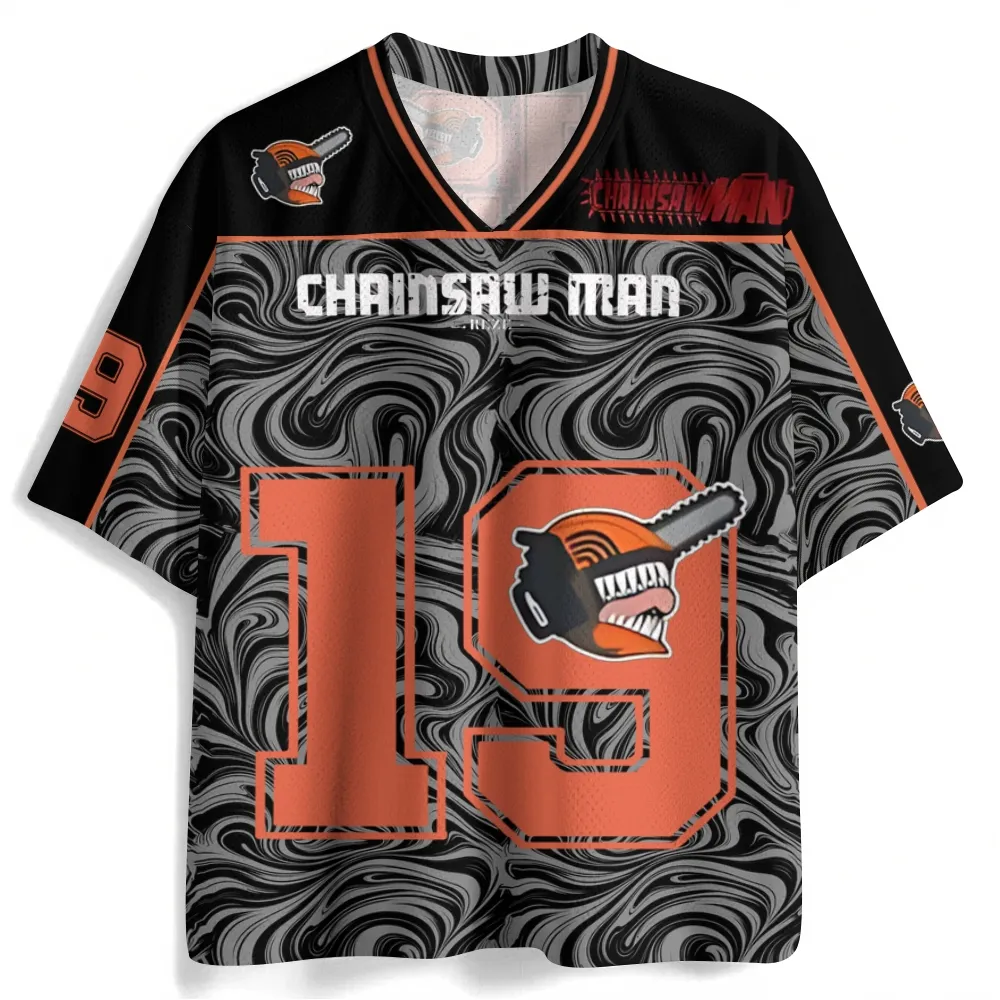 Chainsaw Man Reze Arc Football Jersey, Denji Devil Head Number 19 Black Grey and Orange Anime V-Neck Jersey Shirt, Psychedelic Swirl Sports Tee
