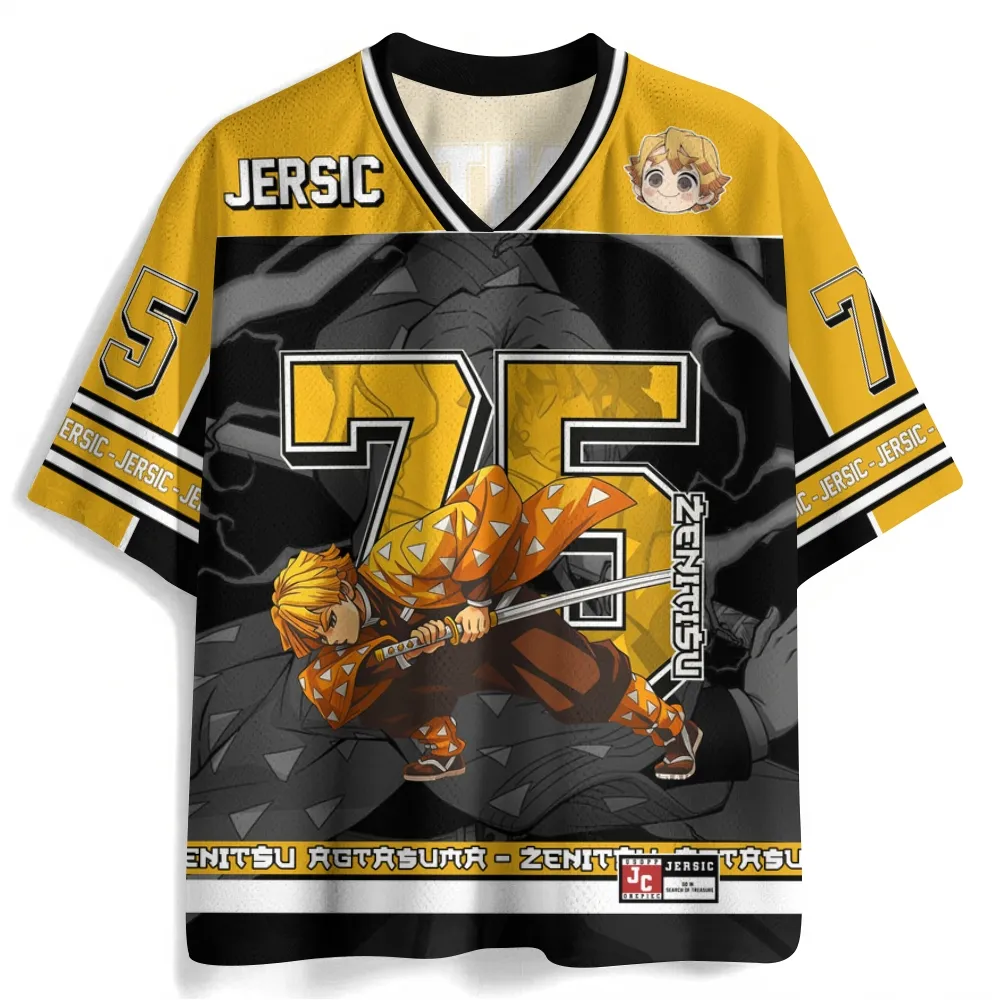 Demon Slayer Zenitsu Agatsuma Football Jersey, Yellow and Black Anime V-Neck Jersey Shirt with Number 75, Thunder Breathing Fan Tee