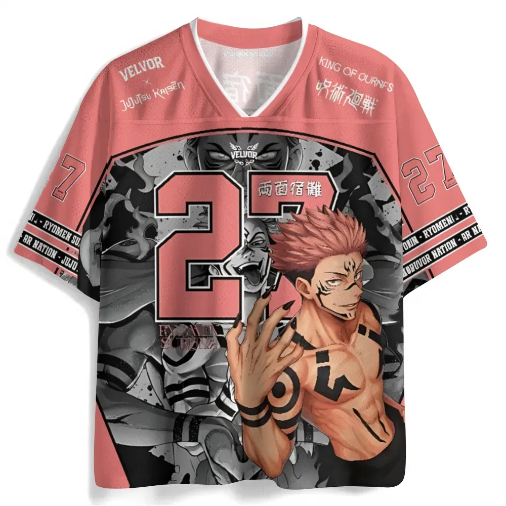 Jujutsu Kaisen Ryomen Sukuna Football Jersey, King of Curses Number 27 Anime V-Neck Jersey Shirt, Salmon Pink Grey Sports Tee for Fans