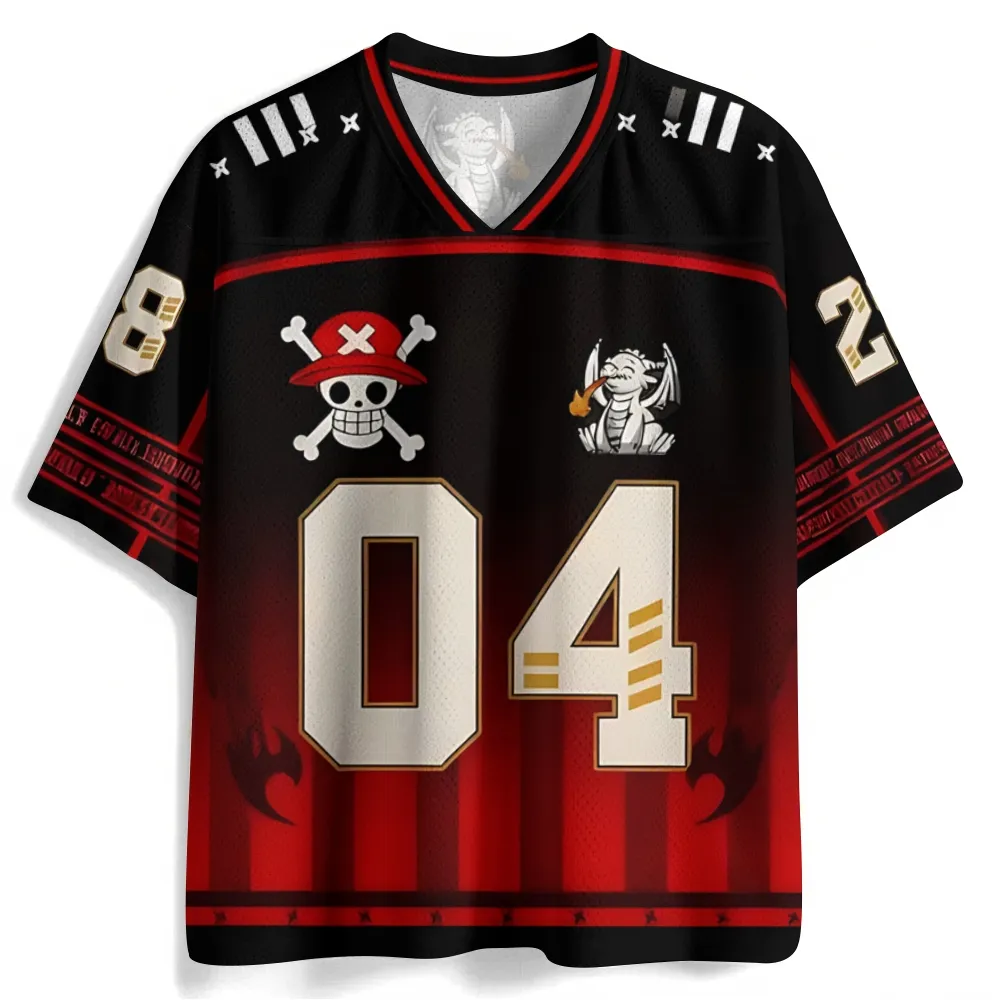 One Piece Tony Tony Chopper Football Jersey, Black and Red Gradient Anime V-Neck Jersey Shirt with Number 04, Pirate Jolly Roger Fan Tee