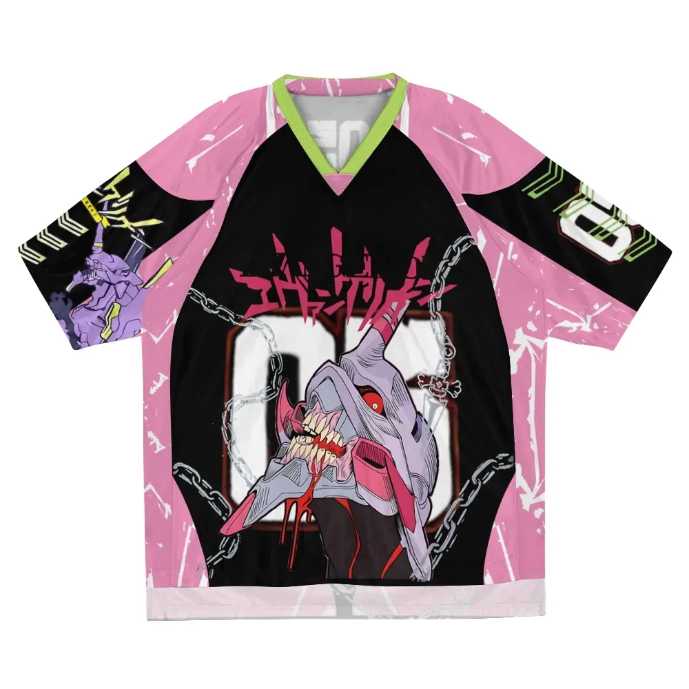 Neon Genesis Evangelion Eva Unit Football Jersey, Mecha Anime V-Neck Jersey Shirt, Pink Black Lime Number 05 Chain Graphic Tee for Fans