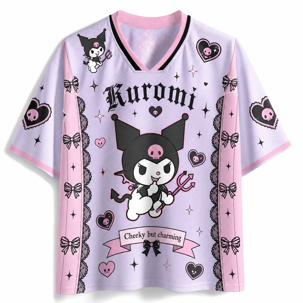 Kuromi Football Jersey, Sanrio Cheeky but Charming Devil V-Neck Jersey Shirt, Lavender Pink Black Lace Kawaii Tee for My Melody Fans