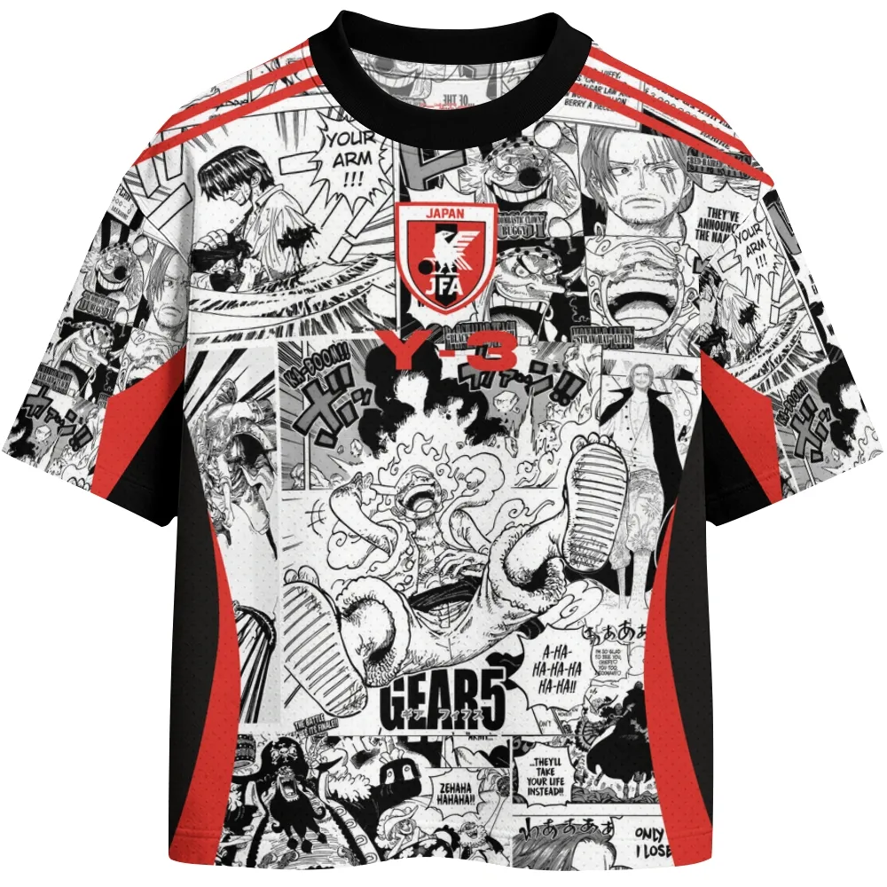 One Piece Manga Panel Football Jersey, Gear 5 Luffy Shanks Buggy Japan Style Crew Neck Anime Jersey Shirt, Black Red and White Sports Tee