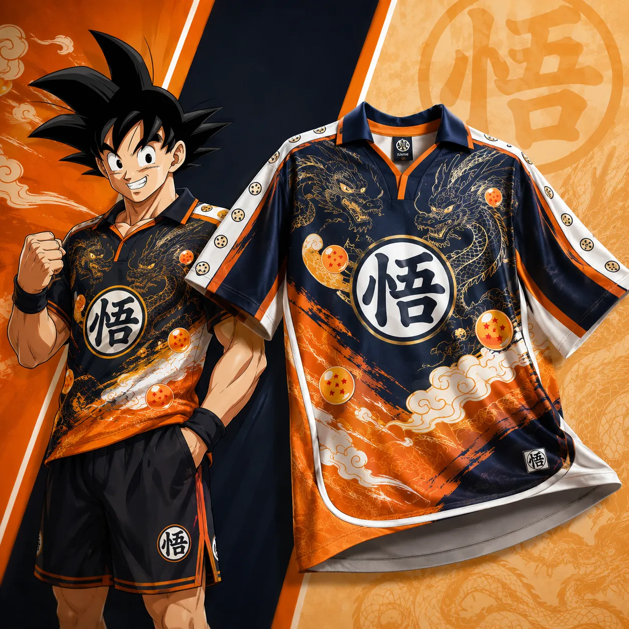 Dragon Ball Goku Kanji Football Jersey, Shenron Seven Spheres Anime Collared V-Neck Jersey Shirt, Navy Orange Gold Go Symbol Tee for Fans