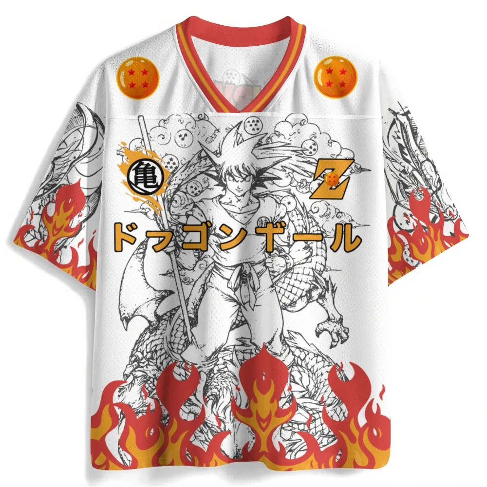 Dragon Ball Z Kid Goku and Shenron Football Jersey, Turtle School Kame Kanji Anime V-Neck Jersey Shirt, White Red Orange Flame Sports Tee