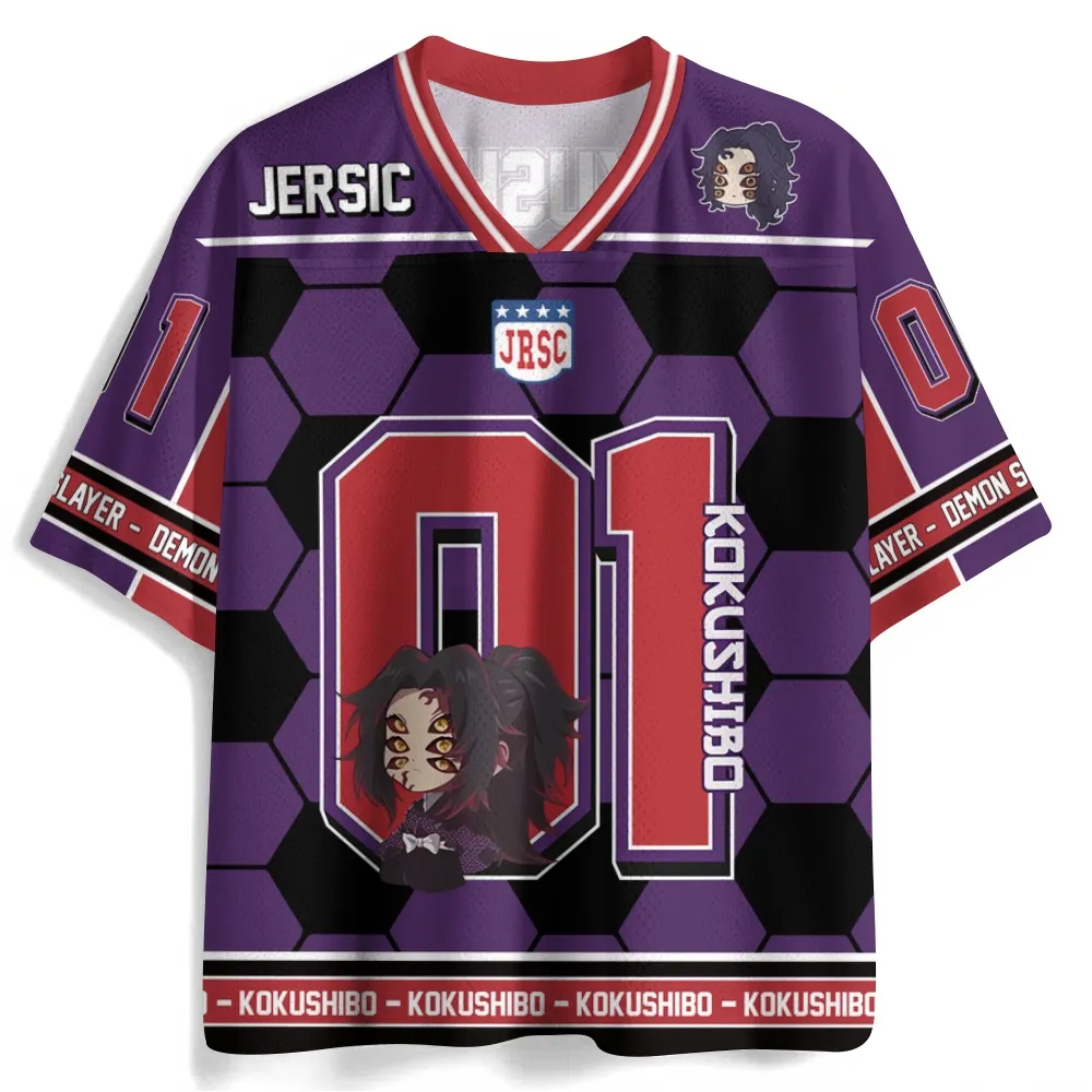Demon Slayer Kokushibo Football Jersey, Upper Moon One Six Eyes 01 Anime V-Neck Jersey Shirt, Purple Red and Black Sports Tee for Kimetsu Fans