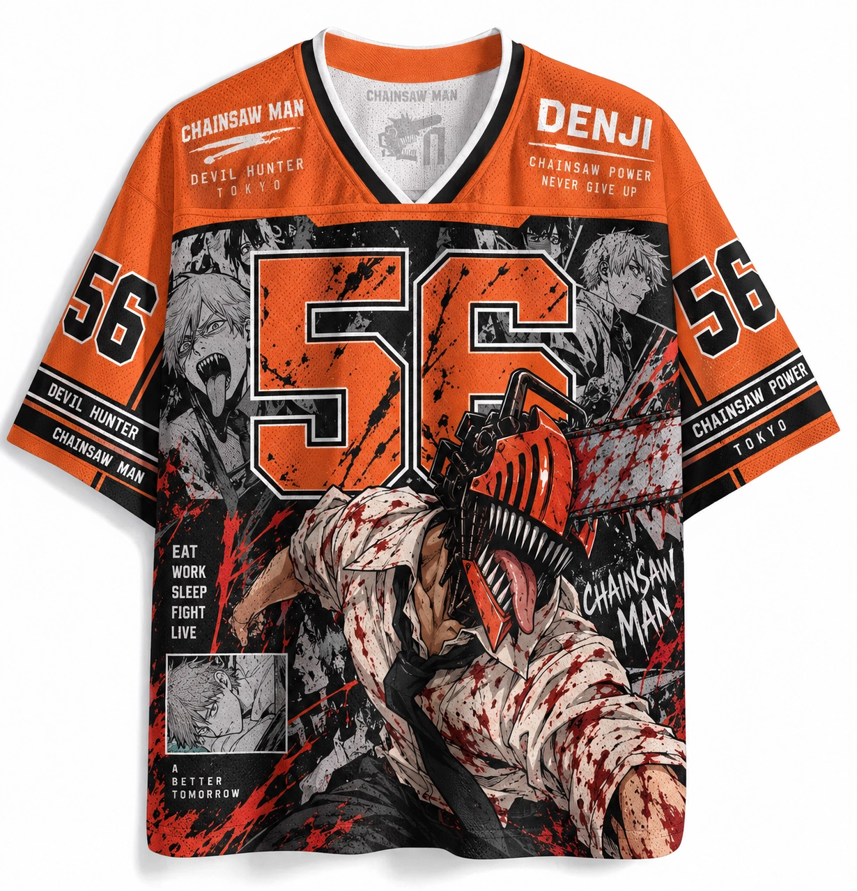 Chainsaw Man Denji Football Jersey, Devil Hunter Tokyo Number 56 Anime V-Neck Jersey Shirt, Orange Black Red Splatter Manga Sports Tee