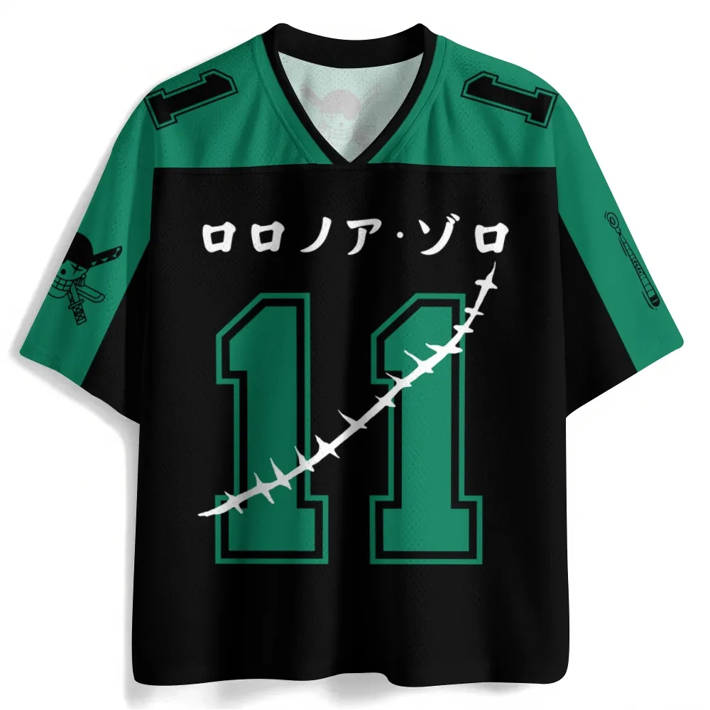 One Piece Roronoa Zoro Football Jersey, Number 11 Black and Green V-Neck Jersey Shirt, Straw Hat Pirates First Mate Fan Sports Tee