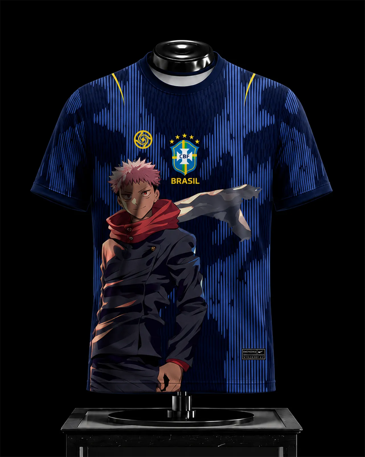 Jujutsu Kaisen Yuji Itadori Brazil Crossover Football Jersey, Navy Pinstripe Gold Trim Sukuna Shadow Anime Crew Neck Jersey Shirt, Soccer Kit Tee