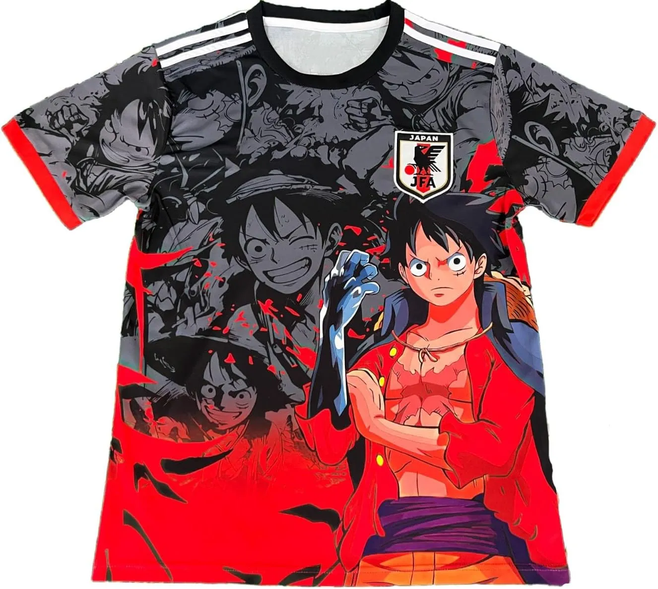 One Piece Monkey D Luffy Football Jersey, Straw Hat Captain Manga Collage Anime Crew Neck Jersey Shirt, Black Red Grey Soccer Style Tee