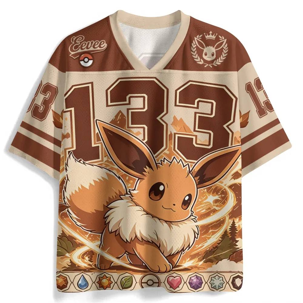Pokemon Eevee Football Jersey, Eeveelution Evolution Stones Pokedex 133 Anime V-Neck Jersey Shirt, Cream Brown Autumn Tee for Trainers