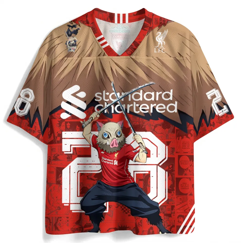Demon Slayer Inosuke Hashibira Football Jersey, Boar Mask Number 28 Anime V-Neck Jersey Shirt, Red Tan Manga Panel Mesh Tee for Kimetsu Fans