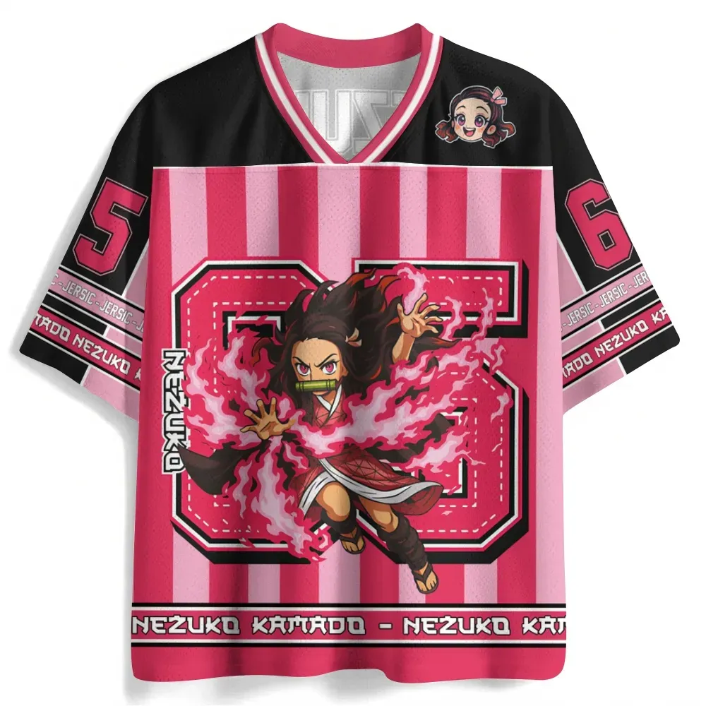 Demon Slayer Nezuko Kamado Football Jersey, Number 65 Bamboo Muzzle Anime V-Neck Jersey Shirt, Pink and Black Striped Sports Tee for Kimetsu Fans