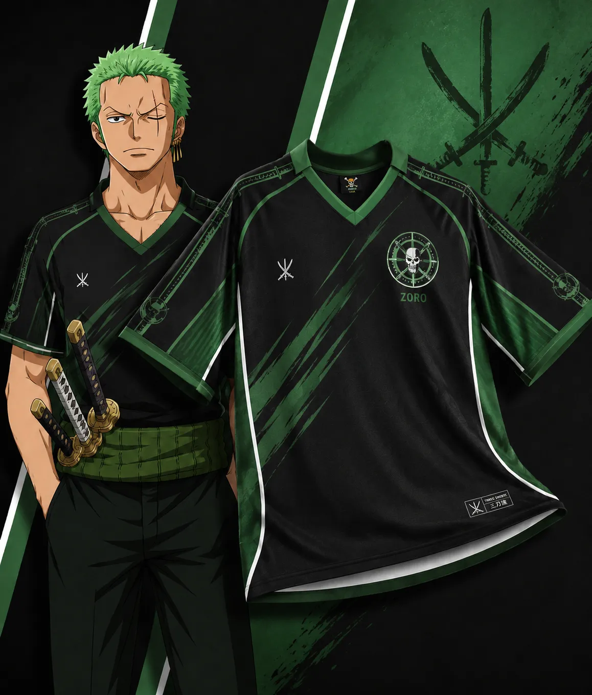 One Piece Roronoa Zoro Football Jersey, Three Style Santoryu Skull Crest Anime V-Neck Jersey Shirt, Black and Green Sports Tee for Pirate Fans