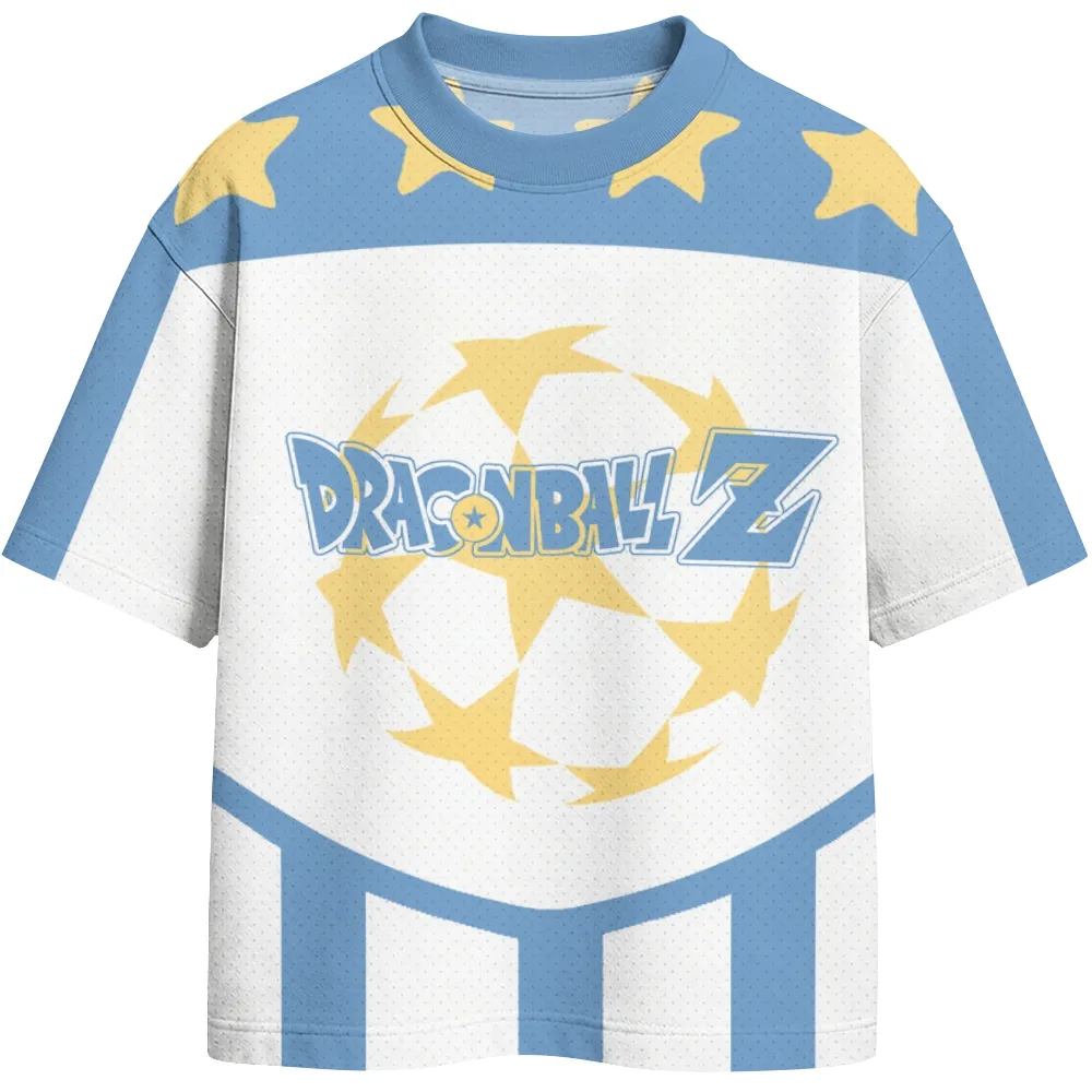 Dragon Ball Z Goku Super Saiyan Blue Football Jersey, Number 09 Soccer Star Anime Crew Neck Jersey Shirt, Sky White Gold Tee for DBZ Fans