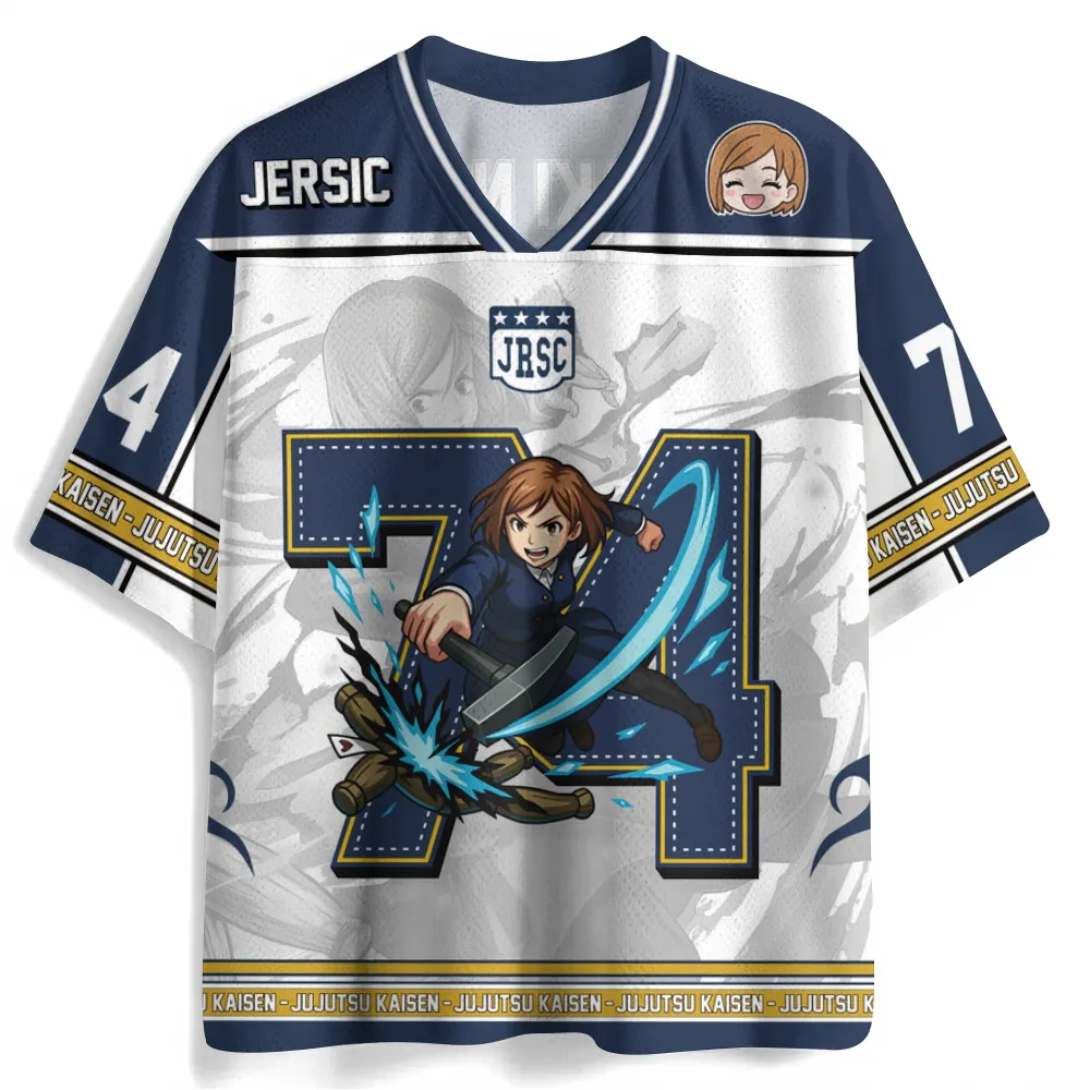 Jujutsu Kaisen Nobara Kugisaki Football Jersey, Number 74 Straw Doll Technique Anime V-Neck Jersey Shirt, Navy White Gold Sports Tee
