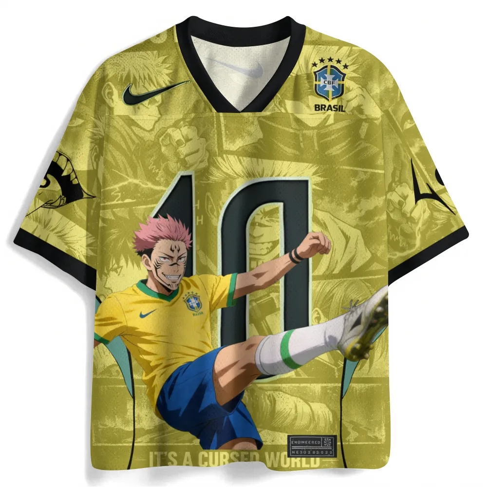 Jujutsu Kaisen Sukuna Yuji Itadori Football Jersey, It's a Cursed World Number 10 Anime V-Neck Jersey Shirt, Yellow Green Mesh Tee for JJK Fans
