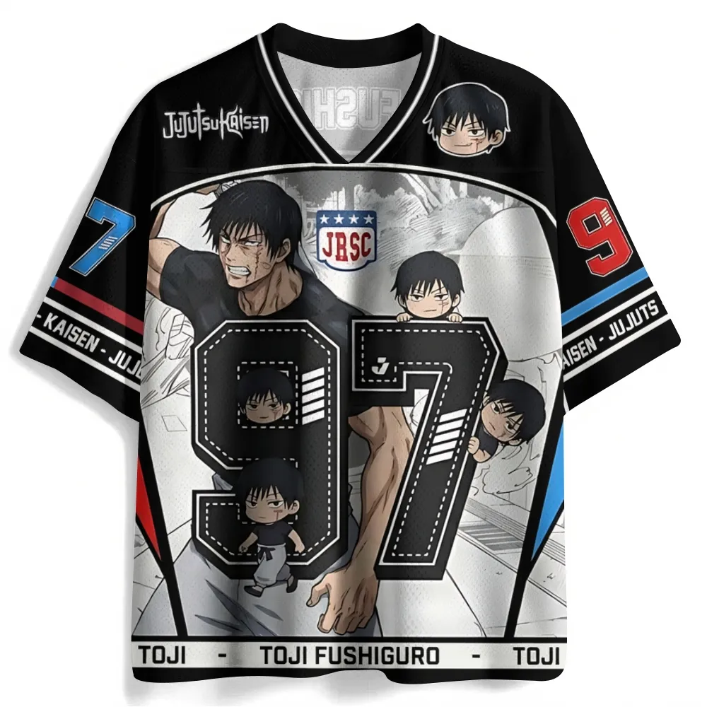Jujutsu Kaisen Toji Fushiguro Football Jersey, Black and White Anime V-Neck Jersey Shirt with Number 97, Manga Panel Chibi Sports Tee