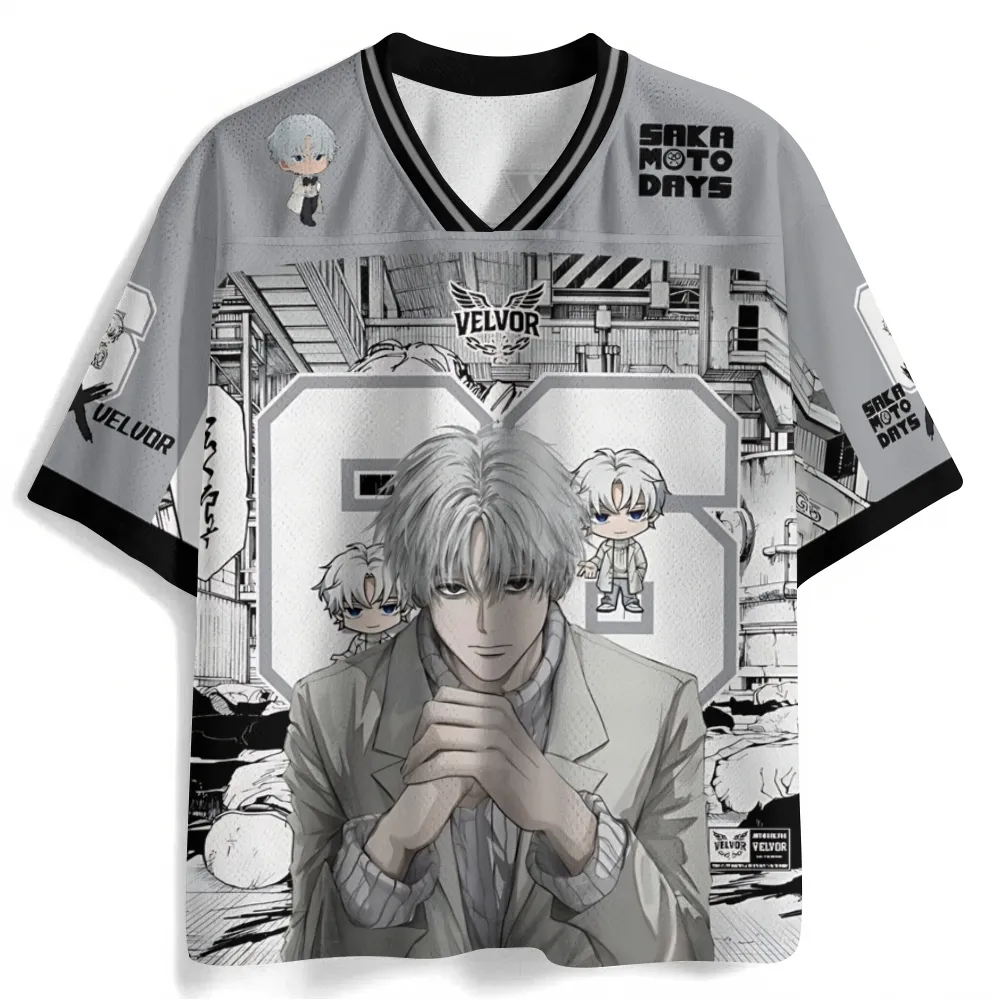 Sakamoto Days Kei Uzuki Slur Football Jersey, Order Assassin Chibi Manga Panel Number 00 Anime V-Neck Jersey Shirt, Grey White Black Sports Tee