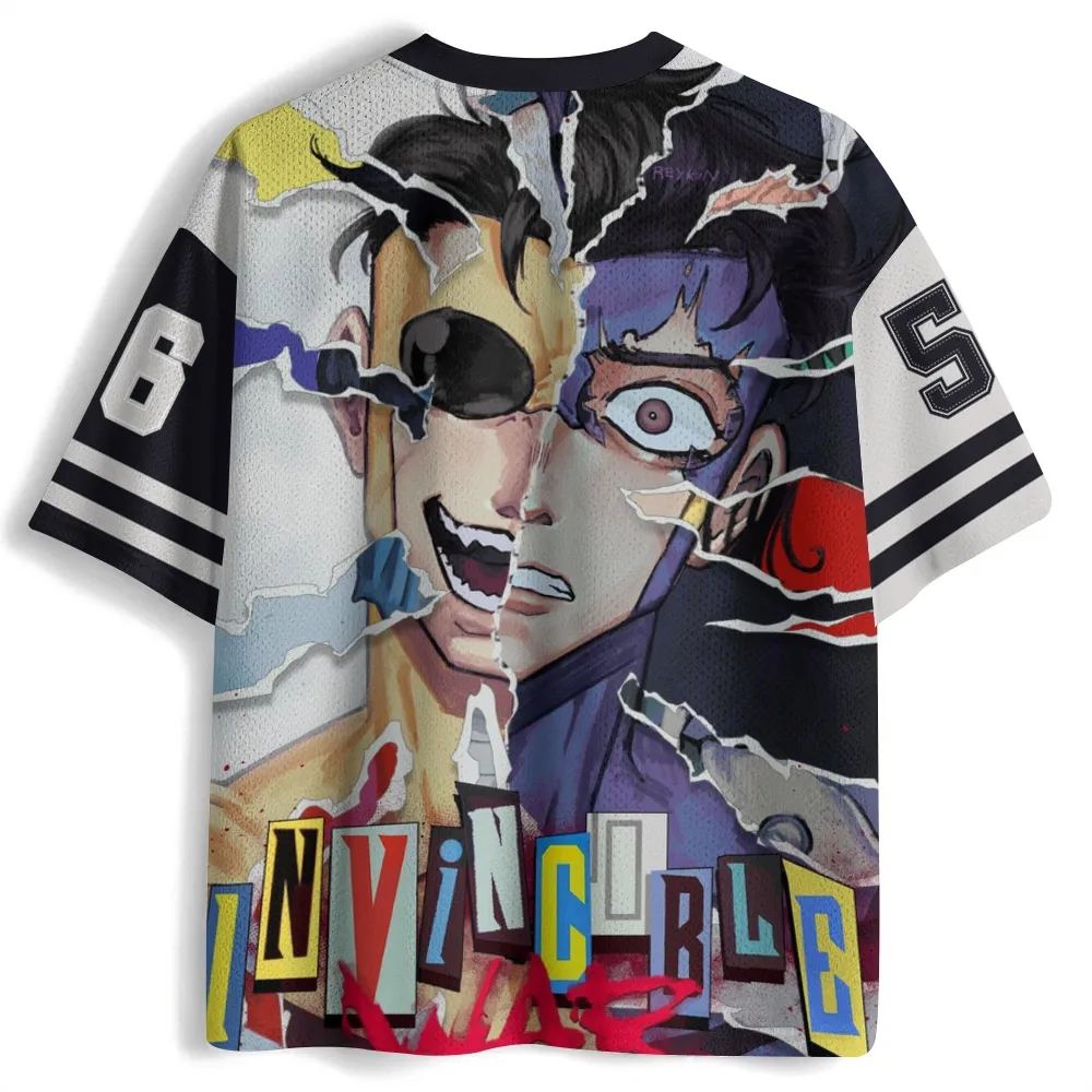 Invincible Mark Grayson Football Jersey, Split Face Ransom Letter Comic V-Neck Jersey Shirt, White Black Purple Mesh Tee for Superhero Fans
