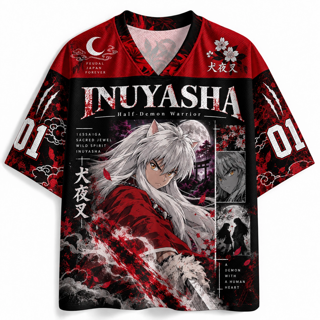 Inuyasha Half Demon Warrior Football Jersey, Feudal Japan Kagome Number 01 Anime V-Neck Jersey Shirt, Red and Black Sports Tee for Fans