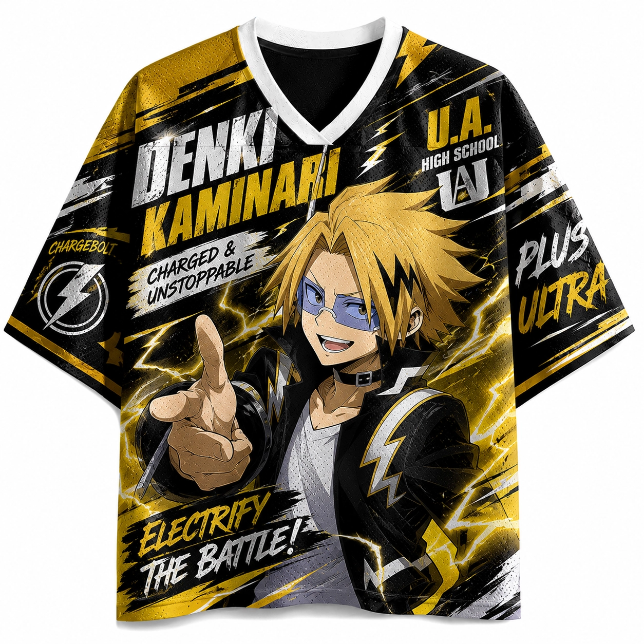 My Hero Academia Denki Kaminari Chargebolt Football Jersey, U.A. High School Plus Ultra Anime V-Neck Jersey Shirt, Black Yellow Lightning Tee