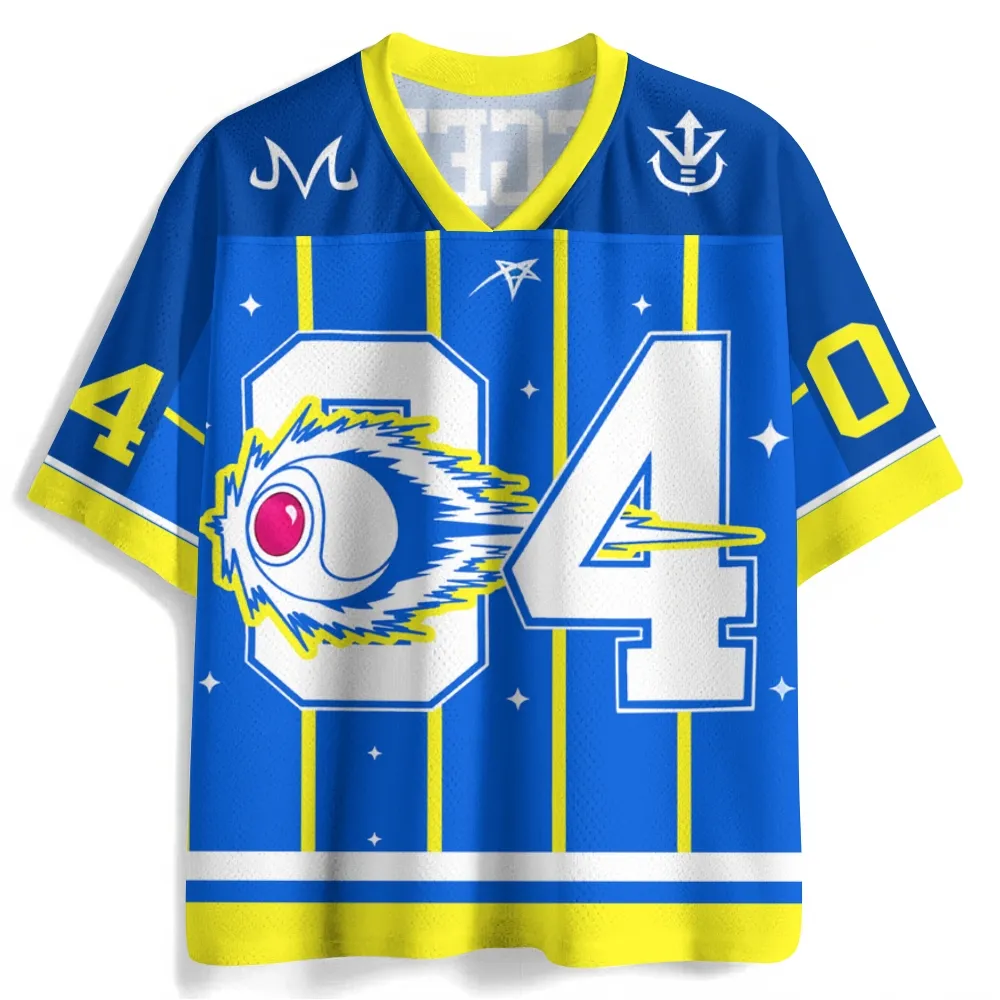 Dragon Ball Z Vegeta Football Jersey, Saiyan Space Pod Number 04 Royal Blue and Yellow Anime V-Neck Jersey Shirt, Majin M and Prince Crest Tee