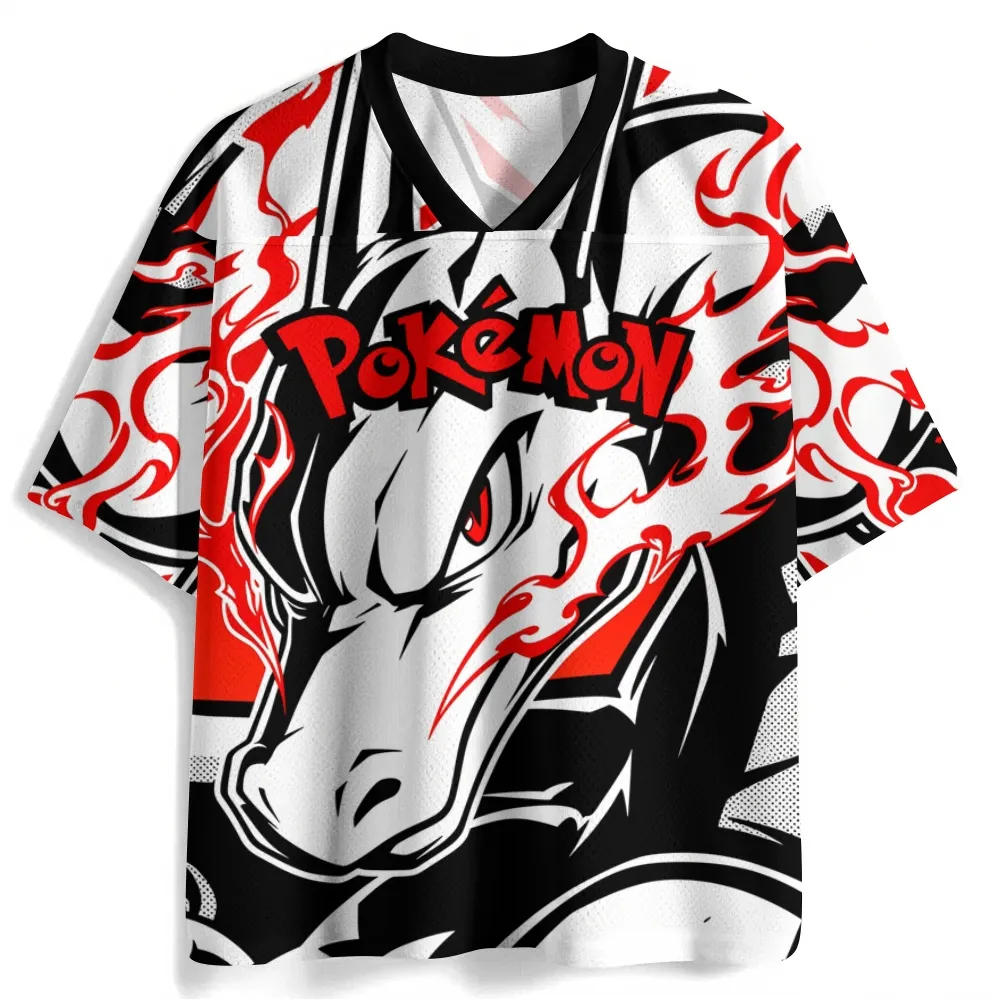 PokĂ©mon Rapidash Football Jersey, Flaming Mane Poke Ball Graphic Anime V-Neck Jersey Shirt, Red Black and White Sports Tee for Pokemon Fans