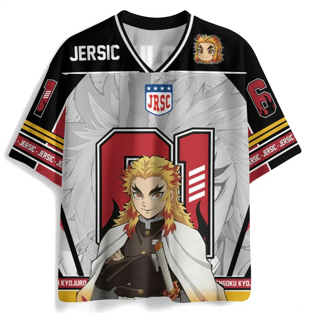 Demon Slayer Rengoku Kyojuro Football Jersey, Flame Hashira Kimetsu no Yaiba Anime V-Neck Jersey Shirt, Red Black Gold Number 61 Tee