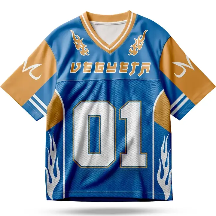 Dragon Ball Z Majin Vegeta Football Jersey, Number 01 Saiyan Prince Flame Anime V-Neck Jersey Shirt, Blue or Black Gold Sports Tee for Fans