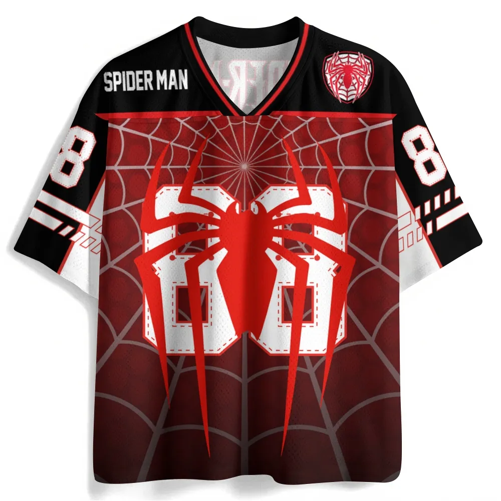 Spider-Man Football Jersey, Number 88 Red Emblem Superhero V-Neck Jersey Shirt, Black Red White Web Print Sports Tee for Comic Fans