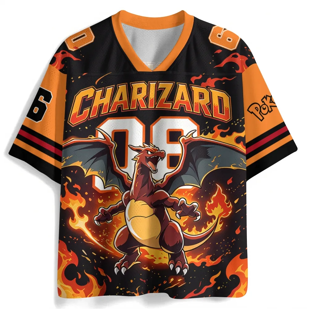 Pokemon Charizard Football Jersey, Black and Orange Fire Type Anime V-Neck Jersey Shirt with Number 06, Blazing Flames Dragon Fan Tee