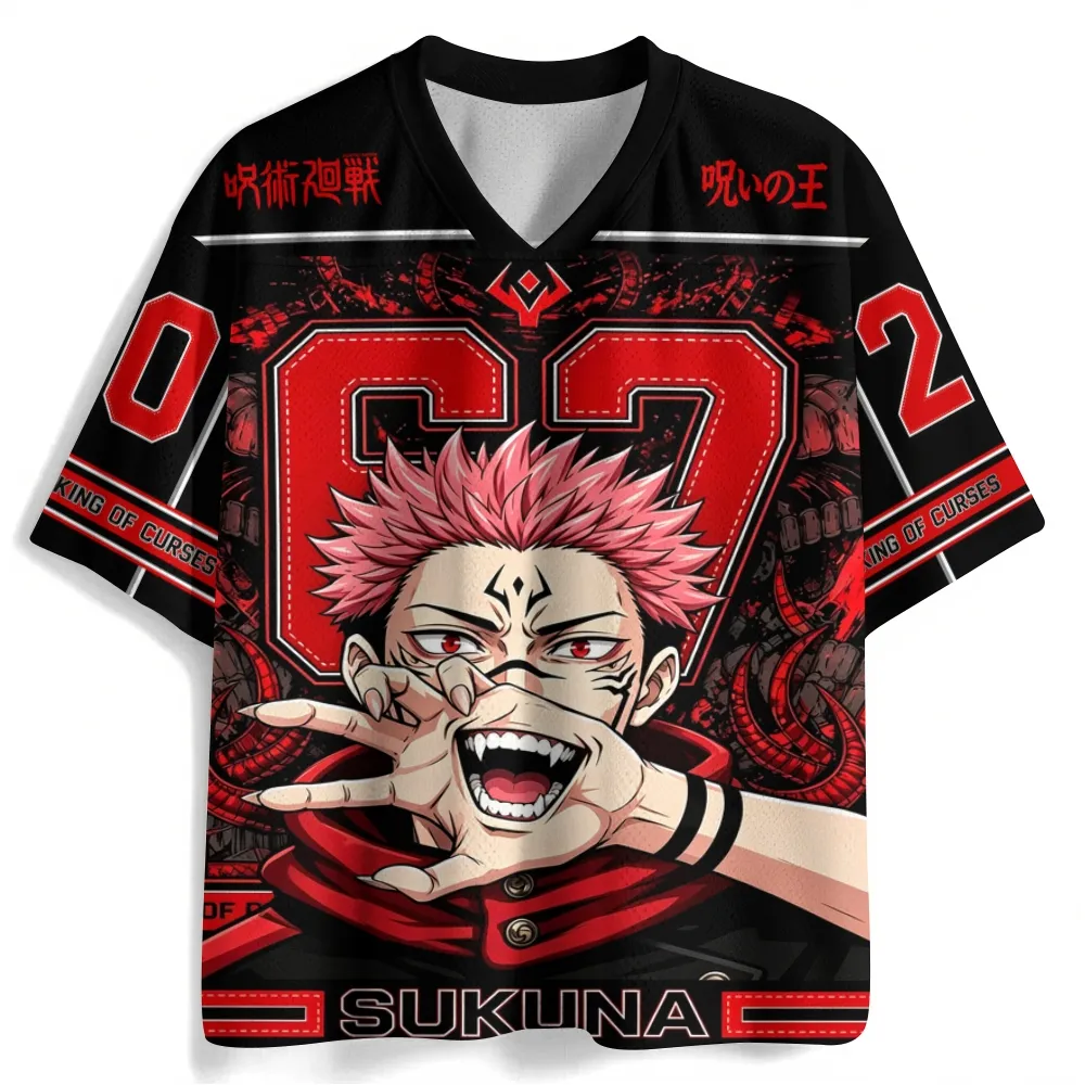Jujutsu Kaisen Ryomen Sukuna Football Jersey, King of Curses Anime V-Neck Jersey Shirt, Black and Red Number 02 Sports Tee for Fans