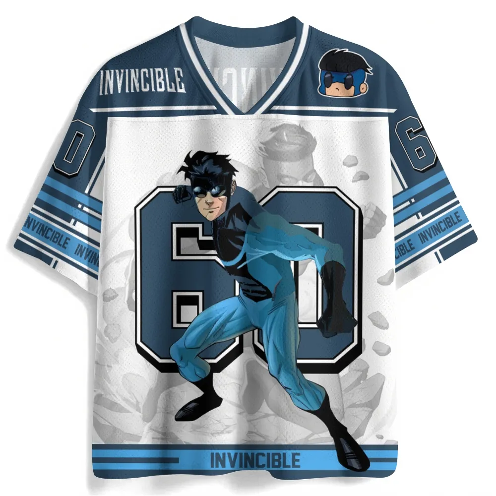 Invincible Mark Grayson Football Jersey, Number 60 Navy Sky Blue and White Superhero V-Neck Jersey Shirt, Chibi Goggles Hero Comic Sports Tee