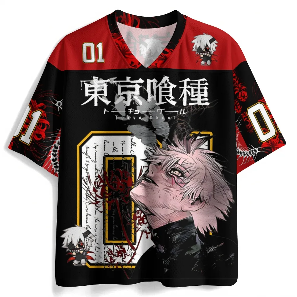 Tokyo Ghoul Ken Kaneki Football Jersey, Number 01 Anime V-Neck Jersey Shirt, Black Red Spider Lily Centipede Print Sports Tee for Fans