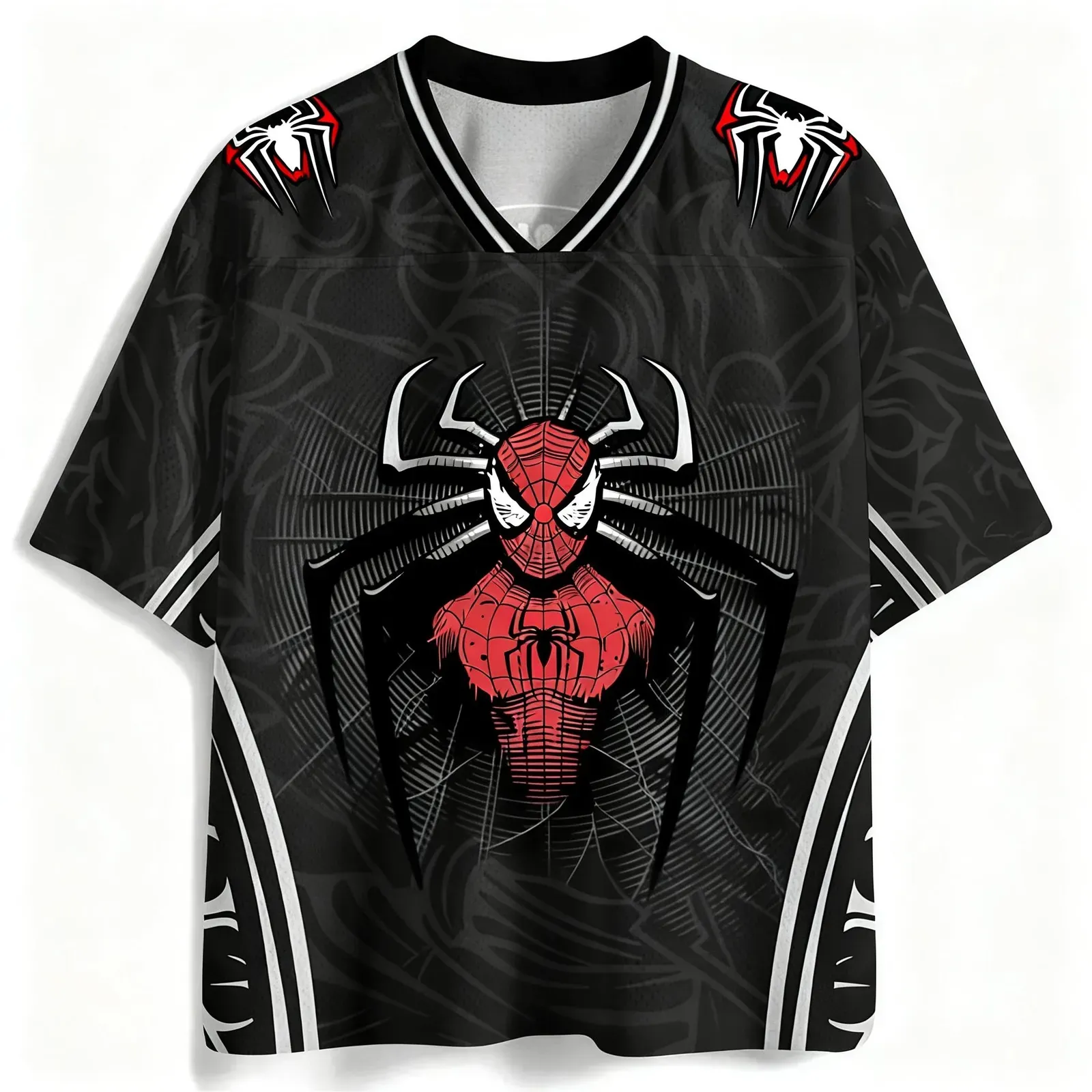 Spider-Man Football Jersey, Black Symbiote Style Marvel Superhero V-Neck Jersey Shirt, Red and White Arachnid Emblem Tribal Web Fan Tee