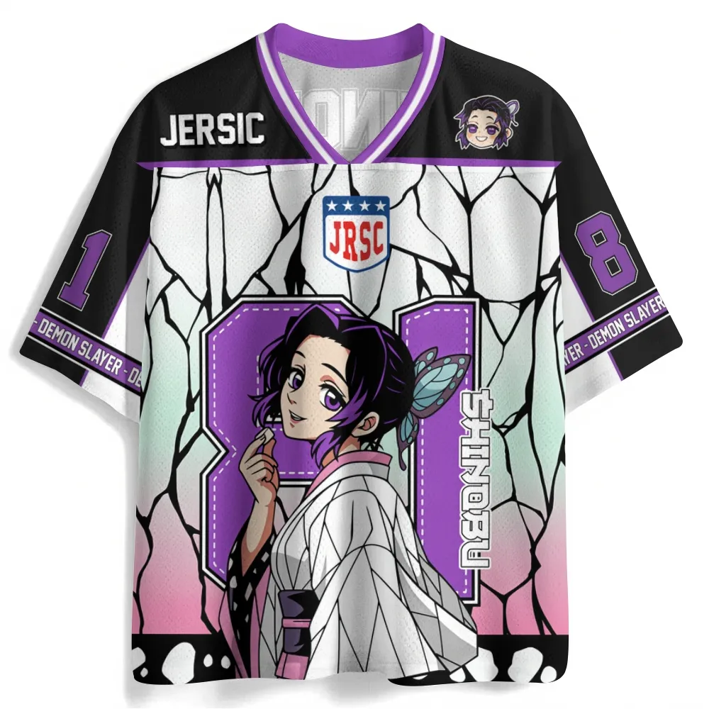 Demon Slayer Shinobu Kocho Football Jersey, Kimetsu no Yaiba Butterfly Hashira Anime V-Neck Jersey Shirt, Purple White Number 81 Tee