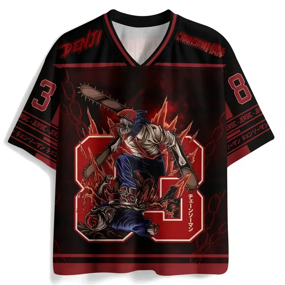 Chainsaw Man Denji Football Jersey, Devil Hybrid 83 Anime V-Neck Jersey Shirt, Black and Blood Red Sports Tee for Horror Manga Fans