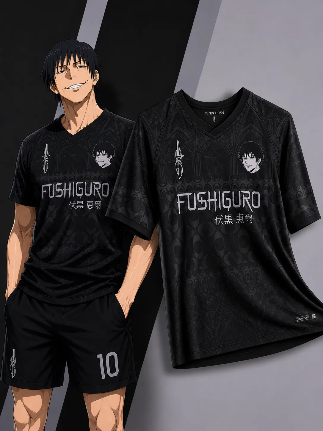 Jujutsu Kaisen Toji Fushiguro Football Jersey, Zenin Clan Tonal Damask Anime Crew Neck Soccer Jersey Shirt, All Black Streetwear Tee