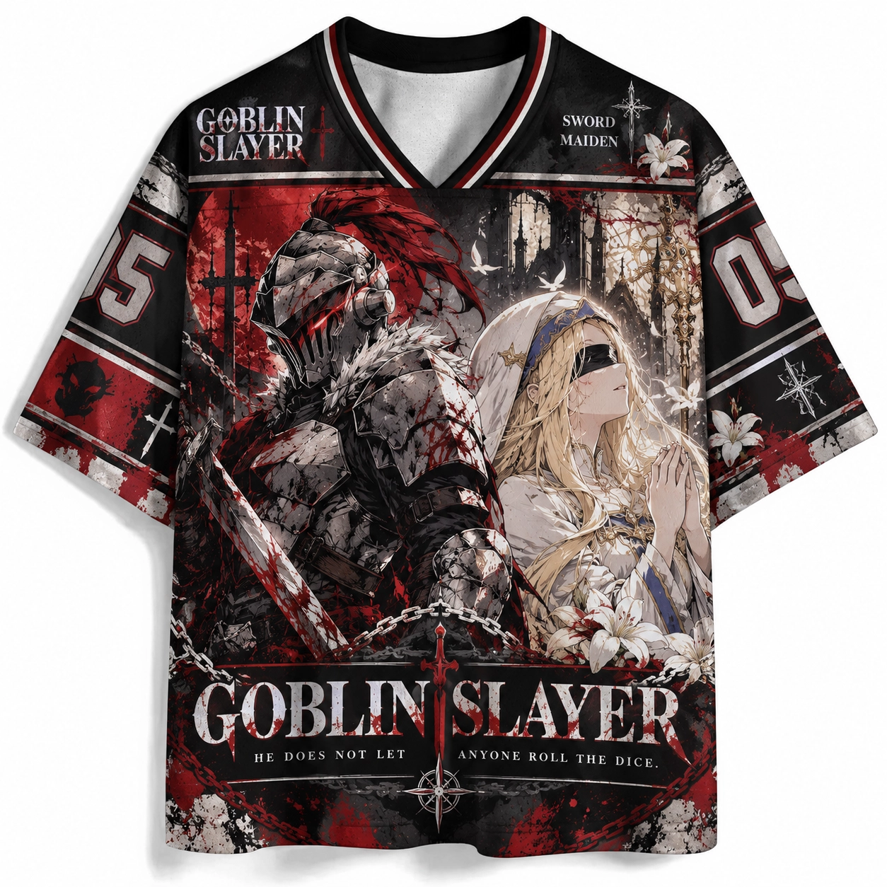 Goblin Slayer Football Jersey, Priestess Number 05 Dark Fantasy Anime V-Neck Jersey Shirt, Black Red White Gothic Tee for Manga Fans