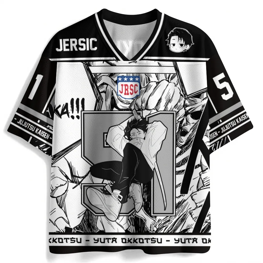 Jujutsu Kaisen Yuta Okkotsu Football Jersey, Number 51 Rika Manga Panel Anime V-Neck Jersey Shirt, Black White Grey Sports Tee for Fans
