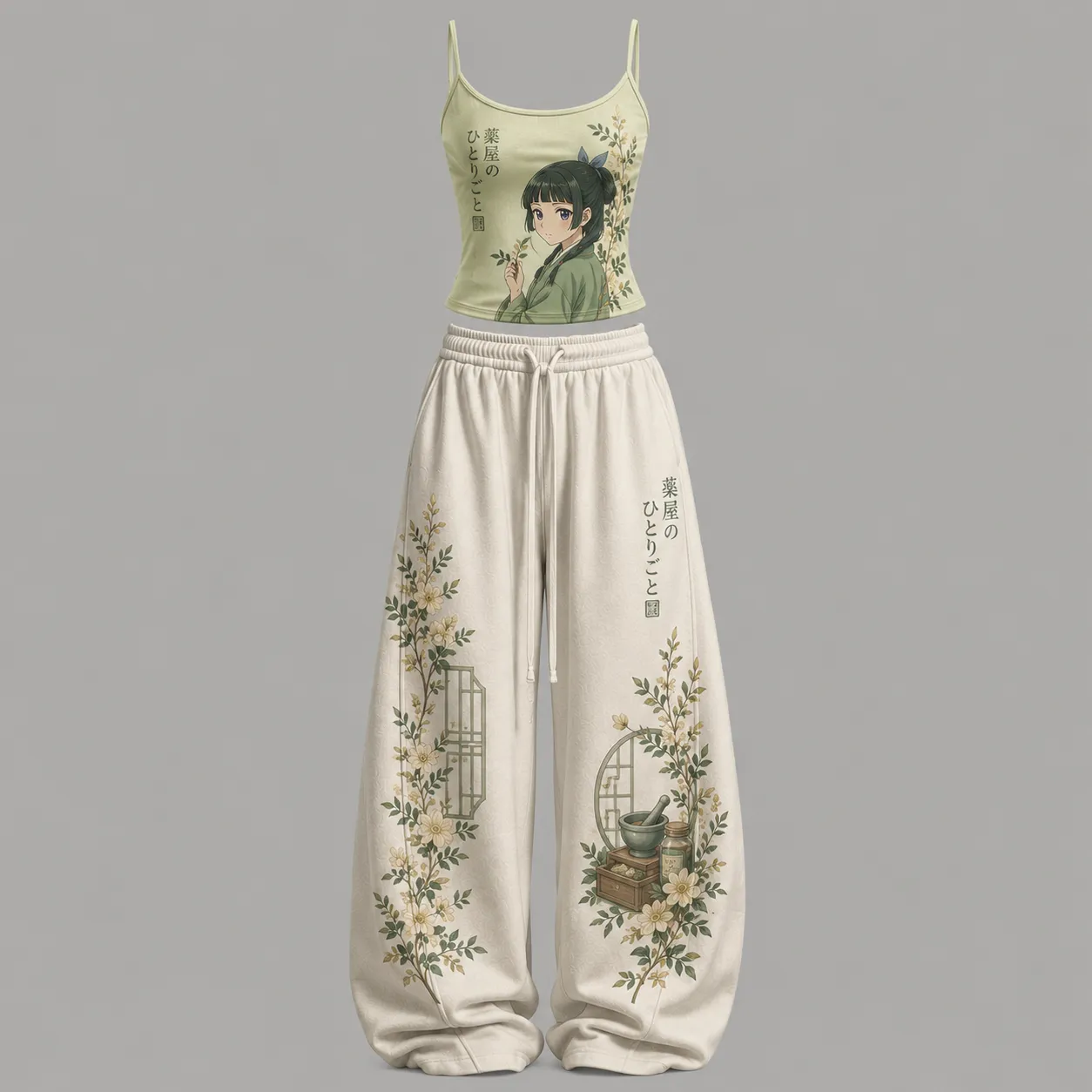 The Apothecary Diaries Maomao Cami Crop Top and Wide Leg Trousers Two-Piece Set, Women's Sage Green Anime Lounge Outfit, Herb Flower Set