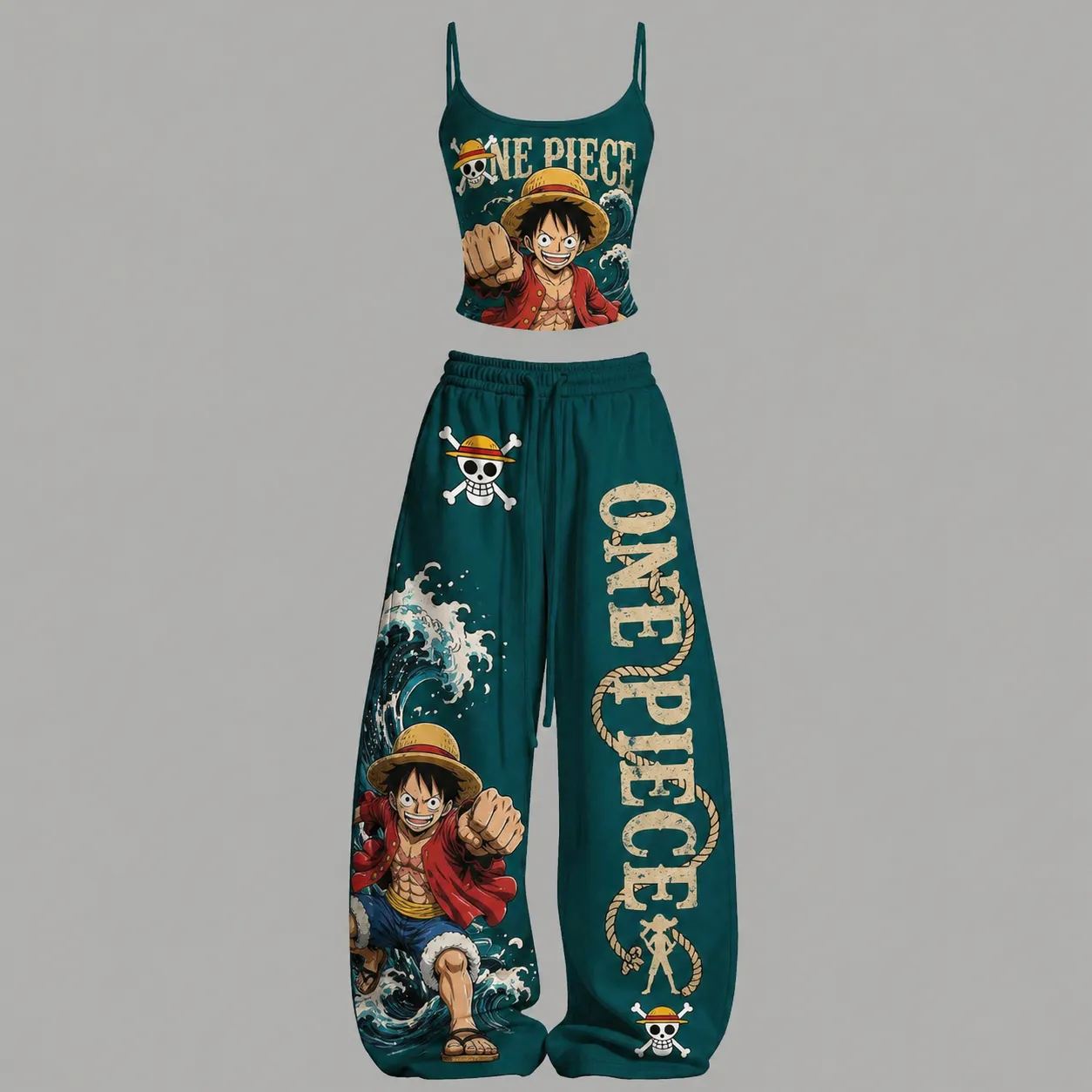 One Piece Monkey D. Luffy Cami Top and Elasticated Trousers Two-Piece Set, Women's Teal Straw Hat Anime Lounge Outfit, Pirate Matching Set