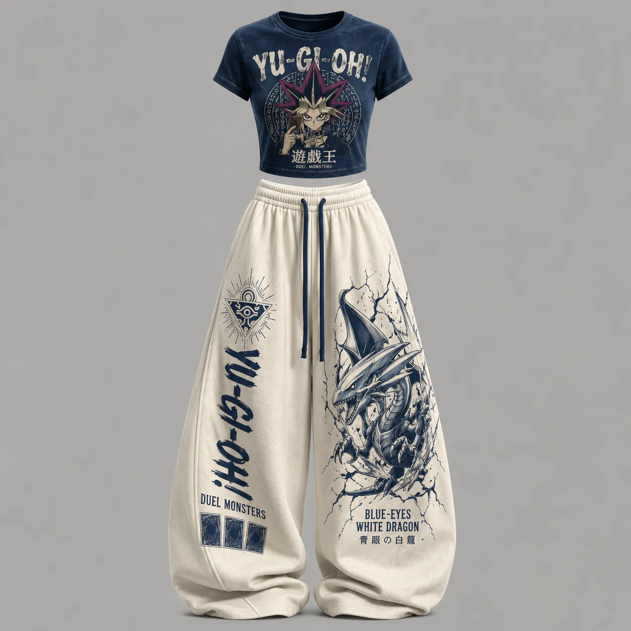 Yu-Gi-Oh! Yami Yugi Crop Tee and Wide Leg Trousers Set, Duel Monsters Blue-Eyes White Dragon Women's Two-Piece Set, Millennium Puzzle Outfit