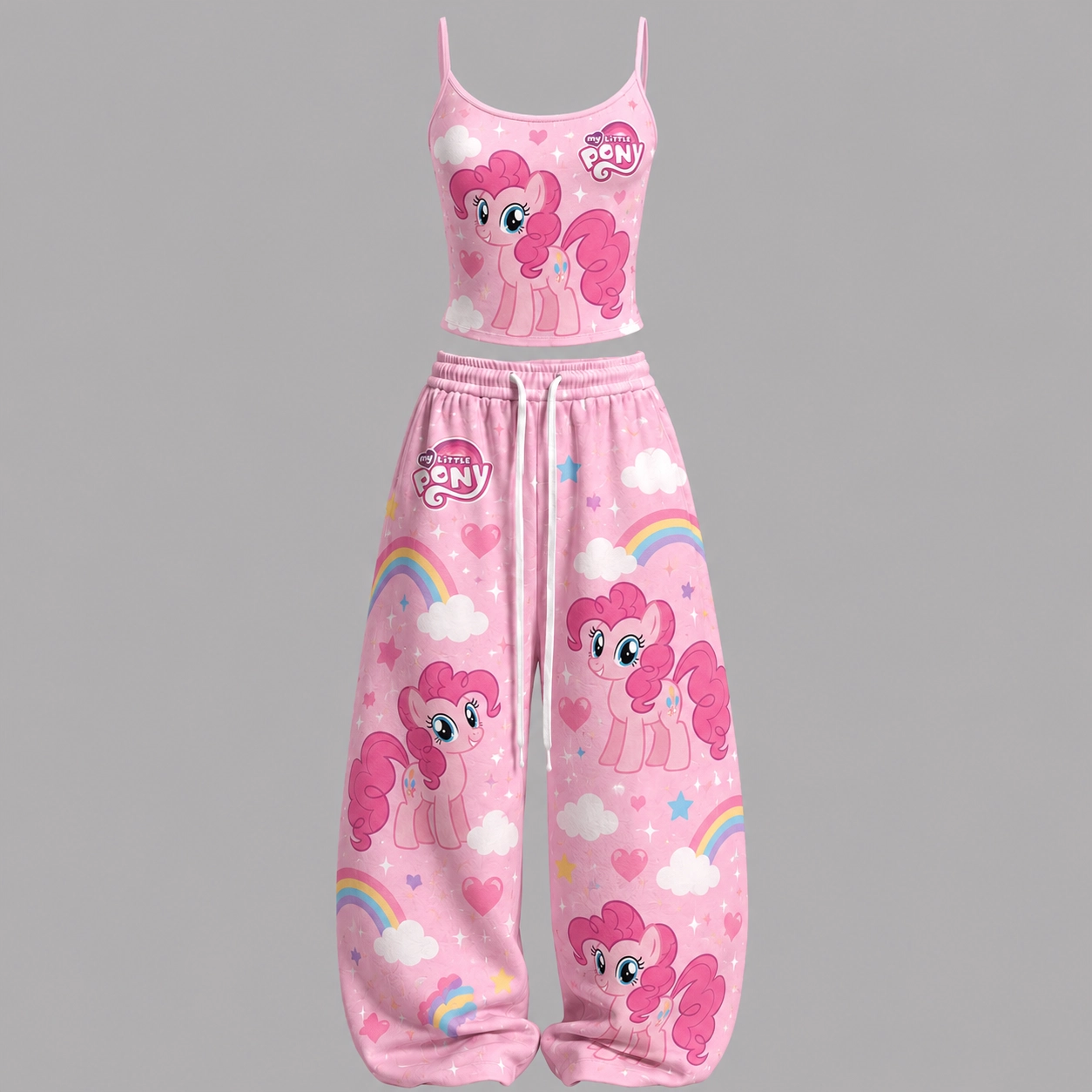 My Little Pony Pinkie Pie Cami Crop Top and Wide Leg Trousers Two-Piece Set, Women's Pink Rainbow Lounge Outfit, Cartoon Matching Set