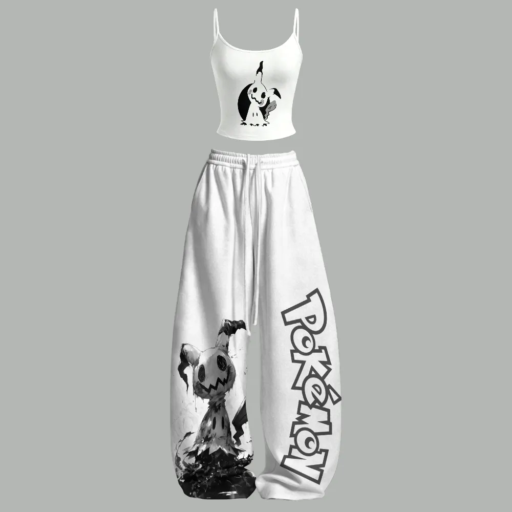 Pokémon Mimikyu Cami Crop Top and Wide Leg Trousers Two-Piece Set, Women's White and Black Ghost Anime Lounge Outfit, Pokémon Fan Gift