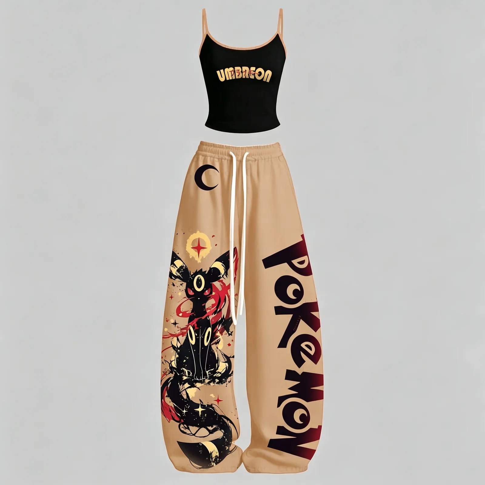 Pokémon Umbreon Cami Crop Top and Wide Leg Trousers Two-Piece Set, Black and Tan Red Ink Moonlight Print, Women's Eeveelution Gamer Outfit